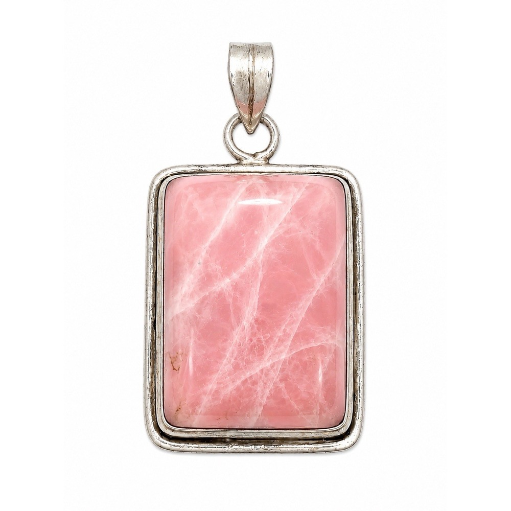 Sterling Silver Rectangular Rose Quartz Pendant Large Pink Stone 2"